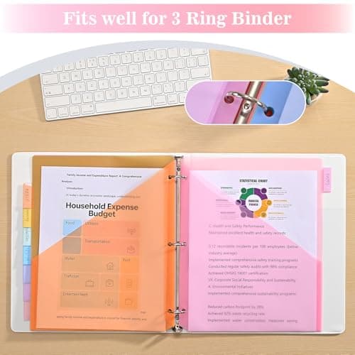 SUQJOY 8-Tab Dividers for 3 Ring Binder, 24 Count Binder Dividers with Pockets, Subject Dividers, 3-Hole Plastics Sheets Protectors for US Letter Size in 0.5", 1",2" Binders, Pastel 8 Color, 3 Packs - Thumbnail 6