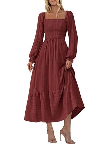 BTFBM Women Maxi Spring Dresses 2026 Long Sleeve Solid Color Square Neck Smocked Boho Long Wedding Guest Dress(Brown Red,XX-Large)