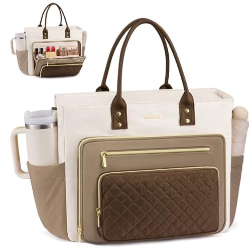 LOVEVOOK Teacher Tote Bag for Women Work, Laptop Bag With Large Cup Holder, Nurse Bags Professional Briefcase Business Computer Purses Handbag Gifts,Khaki-Beige-Coffee,15.6 Inch
