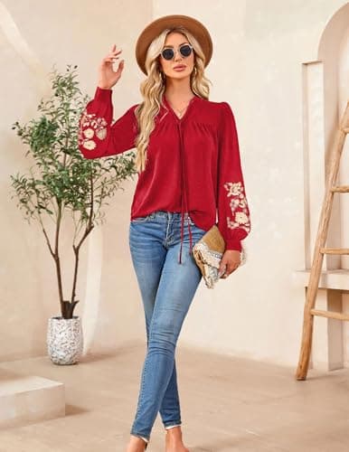 LOOKBOHO Peplum Blouses for Women Puff Long Sleeve Embroidered Boho Tops Tie Front V Neck Mexican Shirt Dressy Casual XL - Thumbnail 5
