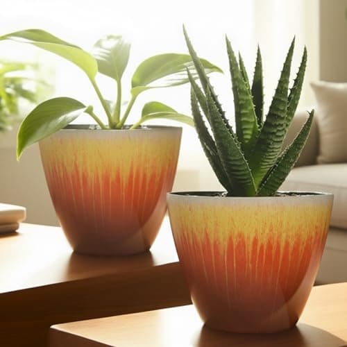 LESOASIS 8 inch Plant Pots Pack of 2, Plastic Flower Pots Flower Pots, Modern Glossy Finishing Planter for Indoor Outdoor Plants (Orange Glaze) - Thumbnail 5