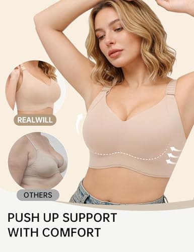 REALWILL Womens Wireless Jelly Bra No Underwire Seamless Push Up Supportive Full Coverage Soft Comfort Everyday T-Shirt Bra Nude M - Thumbnail 3