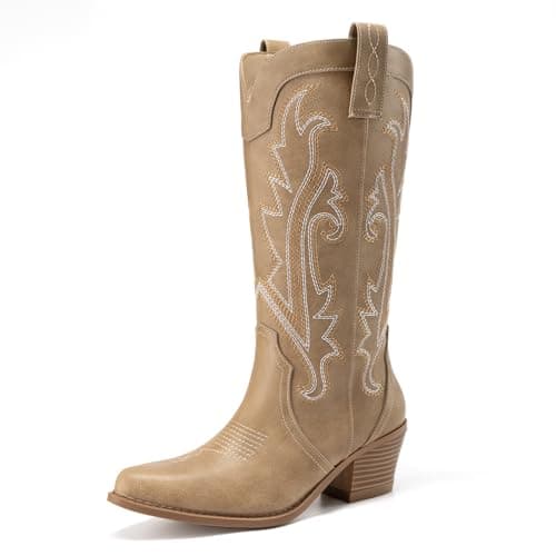 Athlefit Women's Embroidered Western Cowboy Boots Fashion Pointed Toe Chunky Heel Mid Calf Cowgirl Boots Tan Size 9.5 - Image 1
