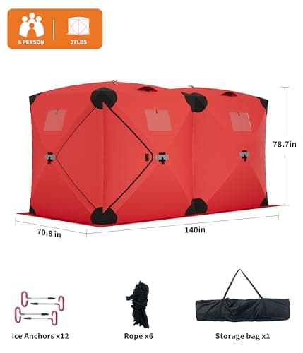 Portable Pop Up Ice Fishing Shelter 140"x70"x79" Ice Fishing Tent Insulated Hub-Style Shelter with Waterproof Oxford Fabric, Includes Anchors, Ropes & Carry Bag for 2 to 4 Persons, Red - Thumbnail 6