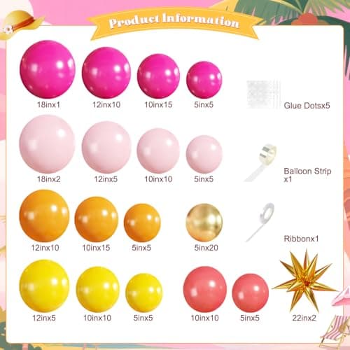 Tropical Balloon Arch Kit 140Pcs Pink and Orange Balloon Arch Kit Include Hot Pink Orange Yellow Pink Gold with Foil Star Balloons for Hawaiian Luau Aloha Theme Baby Shower Birthday Party Decorations - Thumbnail 2