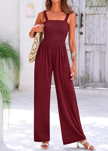 KIRUNDO Womens Jumpsuit 2026 Summer Casual Loose One Piece Overalls Smocked Sleeveless Wide Leg Rompers With Pockets(Deep Red, Small) - Thumbnail 4