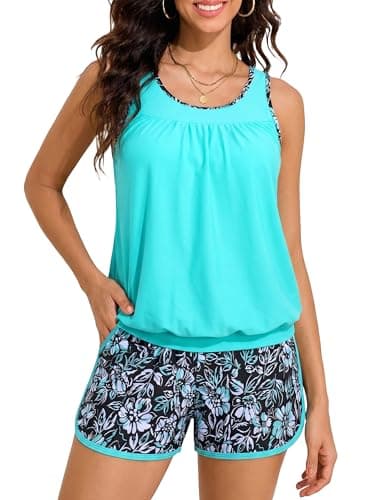 Hilor Tankini Tops for Women Plus Size Swimsuit with Shorts Tummy Control Bathing Suits with Side Pockets Aqua Floral XL/US12-14 - Image 1