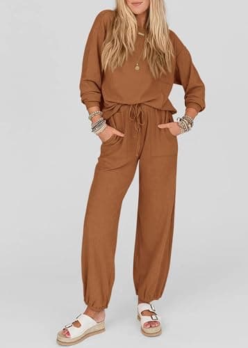 KIRUNDO Lounge Sets for Women 2026 Fall Airport Travel Outfits Ribbed Knit Tops Jogger Pants Tracksuit Postpartum Comfy Set(Dark Khaki, Medium) - Thumbnail 6