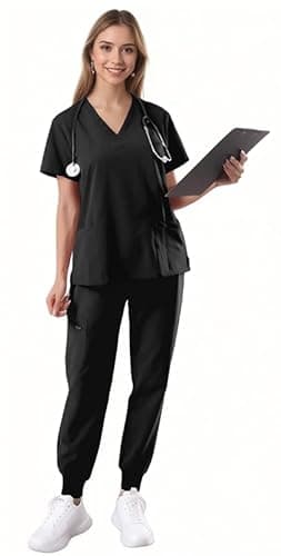 Bovchies Scrubs For Women Set, Womens Scrub Sets V-Neck Scrub Top & Jogger Pants With 9 Pockets, Unisex Nursing Scrubs for Nurse Esthetician Vet - Image 1