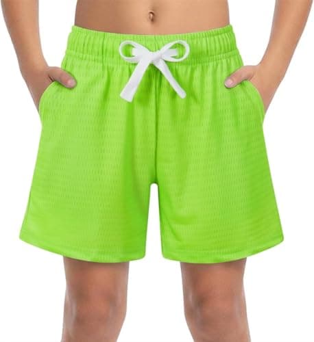 Cozople Boys Athletic Shorts Quick Dry Mesh Lightweight Basketball Shorts for Kids with Elastic Waist Drawstring Green Deep Side Pockets for Camp Sports Running