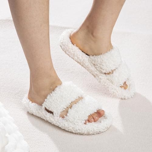BOVTY Women's Fuzzy Open-toe Bowknot & Double-Strap Slippers, Memory Foam Non-Slip Indoor House Slides - Thumbnail 5