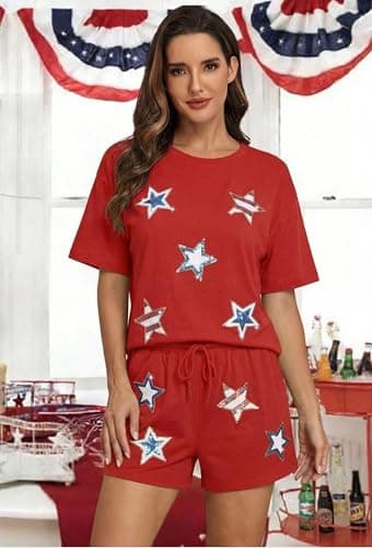 MYHALF 4th of July Sets for Women Sequin Star Graphic Shirt and Shorts Patriotic Outfits 2 Piece Short Sleeve Lounge Set - Thumbnail 5