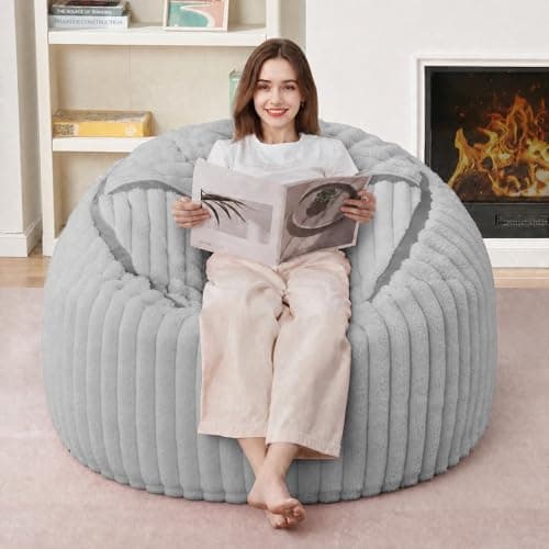 HABUTWAY Bean Bag Chair 3FT Big Bean Bag Chairs for Adults with Memory Foam Filled,3'Beanbag Chair with Soft Faux Fur Cover,Comfy Bean Bag Sofa for Classroom,Living Room,Game Room,Bedroom-Light Grey - Thumbnail 4