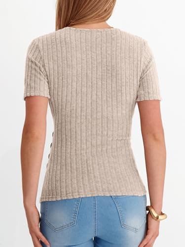 ANRABESS Women Long Sleeve V Neck Shirts,Light Khaki,S - Thumbnail 6