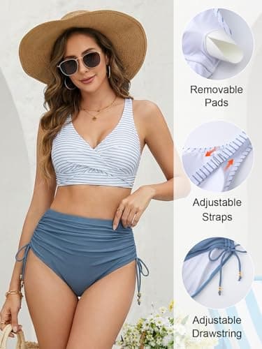 Arolina Ladies 2 Piece Swimsuits Twist Front V Neck Bathing Suits High Waist Push up Bikini Swimwear Stripes Blue Small - Thumbnail 5