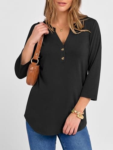 ANRABESS Women 3/4 Length Sleeve Henley Tops V Neck Business Casual Work T Shirts Cute Travel Shirt 2026 Spring Trendy Outfit Black XX-Large - Thumbnail 3