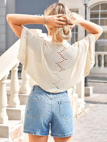 BB&KK Summer Crochet Sweaters for Women Shrug Hollow-Out Batwing Short Sleeve Lightweight Knit Tops Bolero Cardigans Ivory XL - Thumbnail 2