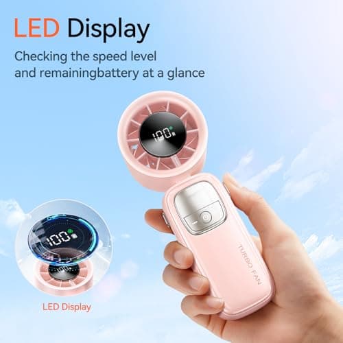 KIMMOO 3-in-1 Portable Handheld Turbo Fan-100 Speeds, 15000 RPM, 10Hrs Cooling, LED Display, 90° Rotation, Small Travel Fan, Mini Foldable Hand Held Personal Fan for Women Men (Pink) - Thumbnail 5