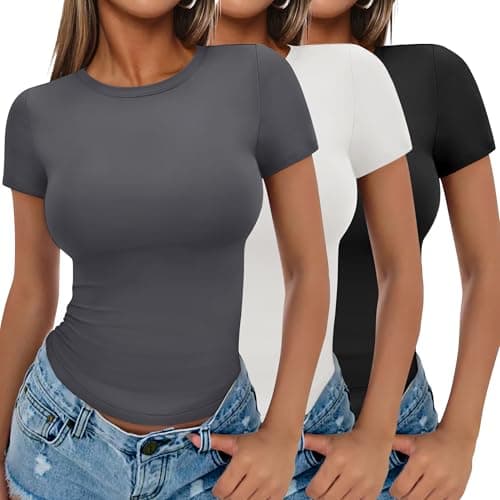 Ekouaer Women Short Sleeve Tops Trendy Summer Shirts Casual Basic Tees Black/White/Dark Grey XXL - Image 1