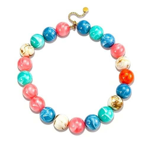 ANGLEQUEEN Dopamine Chunky Beaded Necklaces Women, Colorful Resin Large Statement Boho Jewelry, Coastal Tropical Summer Beach Vacation Accessories (Colorful-D)