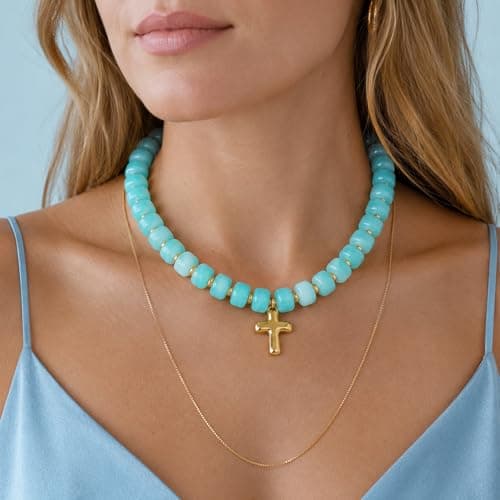 CelyBoutique Colorful Resin Chunky Beaded Necklace for Women Modern Statement Choker Necklace with Gold Tone Cross Pendant Boho Summer Jewelry Gift - Thumbnail 5