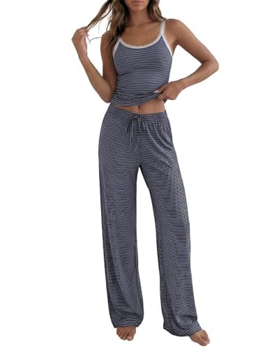 BTFBM Lounge Sets For Women 2026 Striped 2 Piece Pajama Sets Spaghetti Strap Tops Wide Leg Pants Beach Vacation Outfits(Striped Navy White, Large) - Image 1