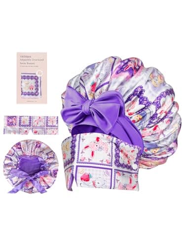 Vettres Double Layer Satin Bonnet for Sleeping with Detachable Eye Mask Adjustable Night Cap for Curly, Natural, Braided Hair Reduces Frizz & Locks in Moisture Pink Purple Animals - Thumbnail 2