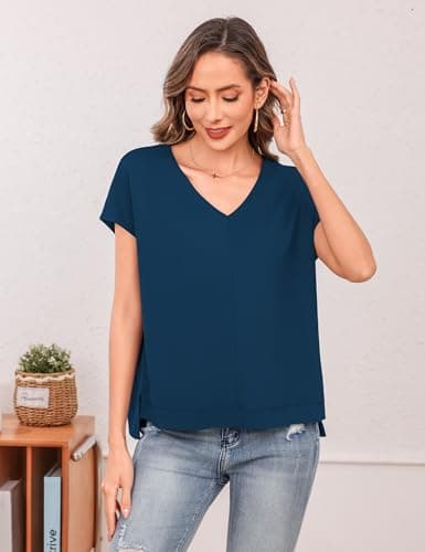 Totatuit Deep V Neck Tops Women Oversized T Shirts Cap Sleeve Side Split Loose Fit Casual Summer Blouses Casual Work Tops for Teacher Navy Blue Small - Thumbnail 3