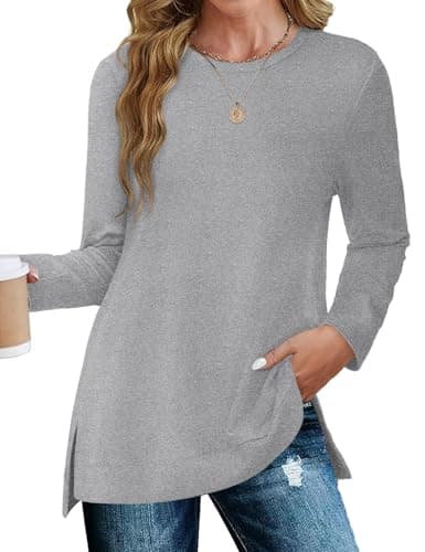 JUSTFASHIONNOW Womens Long Sleeve Tunic Tops to Wear with Leggings Crew Neck Side Split Layering Shirts Loose Fit Long Tops Light Gray - Thumbnail 3