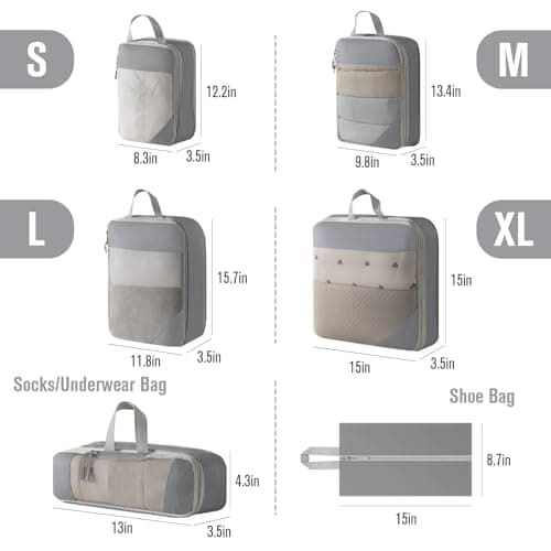 WOOMADA Compression Packing Cubes for Suitcases Travel Essentials 6 Set Rectangle Mesh Expandable Travel Bags Organizer for Luggage(Light Grey) - Thumbnail 2