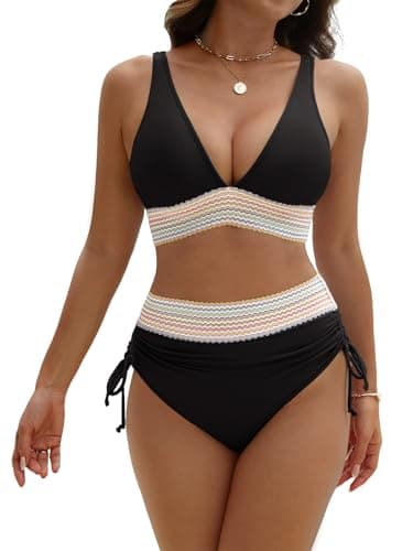 GKBK Women High Waisted Bikini Sets Tummy Control Swimsuits Color Block Two Piece Drawstring Bathing Suit Black L - Image 1
