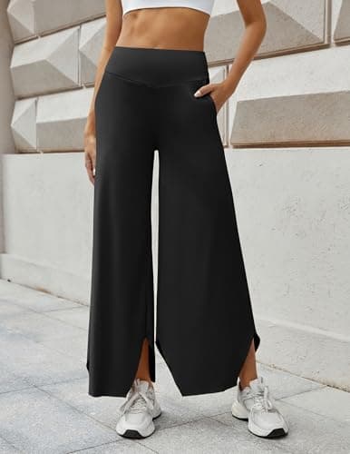 LOOKBOHO Women's Wide Leg Pants Flowy High Waist Palazzo Lounge Pant Loose Casual Stretch Yoga Pants with Pockets Black L - Thumbnail 2