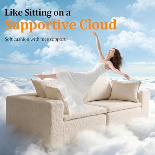 Boneless Loveseat Sofa, 2 Seater Couch with 4 Pillows, No Assembly Required, Soft High Density Foam Cushion, Modern Living Room Futon for Small Space Apartment and Office (White, 75.58" 2 Seaters) - Thumbnail 6