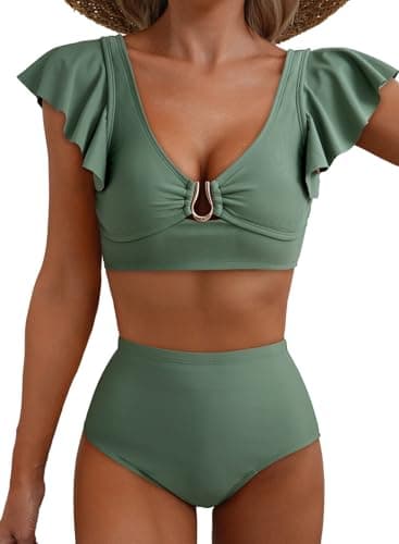 Herseas Women's Bestselling Bikini Set Ruched Tummy Control Bathing Suit Slimming Swimming Suits Retro Full Coverage Swimsuits Ruffle Beach Outfit Army Green Small - Image 1