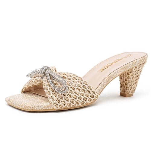 Vepose Women's Nude Woven Raffia Heeled Sandals, Approx 3 Inch Flared Block Chunky Slip on Mules with Sparkly Bow - Square Open Toe Business Casual Wedding Size 8 (CJY6103 Nude 08) - Image 1