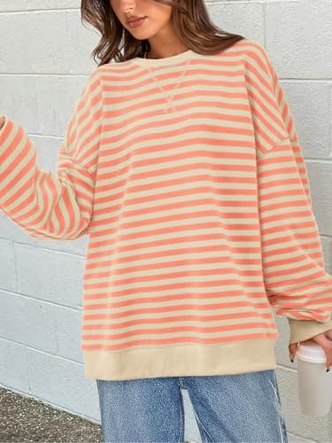 PRETTYGARDEN Womens Oversized Sweatshirt Casual Striped Color Block Long Sleeve Crewneck Pullover Tops Spring Y2k Clothes (Apricot Orange, Medium) - Thumbnail 2