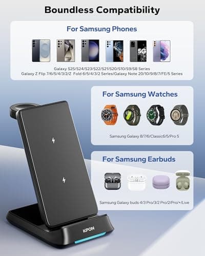 KPON 3 in 1 Charging Station for Samsung, Wireless Charger for Thick Cases, Foldable Phone and Watch Charger Stand for Galaxy S26/S25/S25 Ultra/S24/Z Fold/Android Devices, Galaxy Watch and Earbuds - Thumbnail 4