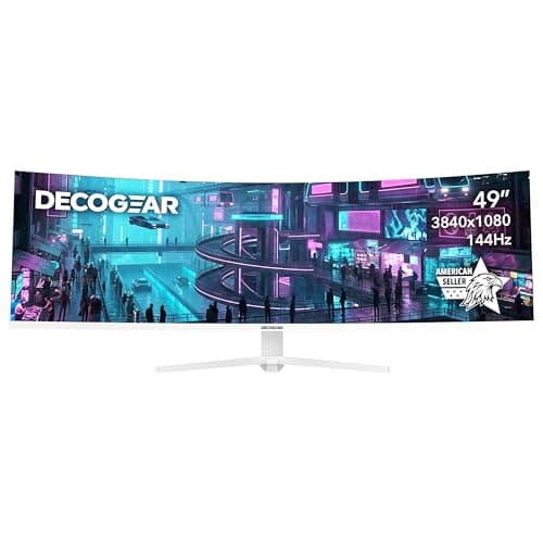 Deco Gear 49" Curved Ultrawide Gaming Monitor | 32:9 | 3840x1080 | 144Hz | 3000:1 | E-LED | 2 HDMI | 2 Display Port - Exclusive White Edition, an American-Owned & Operated Company - Image 1