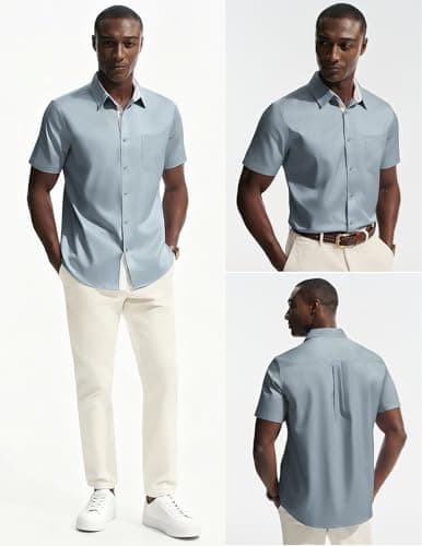 PJ PAUL JONES Shirt for Men Short Sleeve Slim Fit Dress Shirts Casual Button Up Untucked Shirts for Wedding Grey S - Thumbnail 2