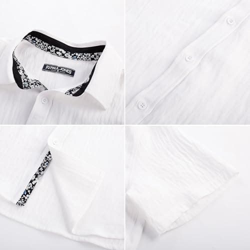 PJ PAUL JONES Men's Button Down Short Sleeve Shirt Casual Summer Beach Textured Wedding Shirts White - Thumbnail 5