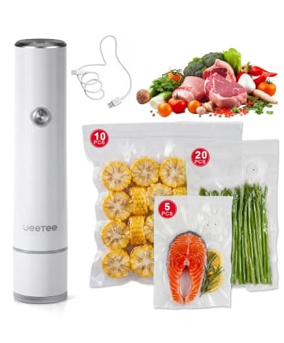 JEETEE Compact Vacuum Sealer for Food, 60KPa Strong Suction Handheld Portable Sealer with 35 Reusable BPA-Free Bags, USB Rechargeable Machine for Fridge, Kitchen, RV, Camping and Sous Vide, White - Image 1