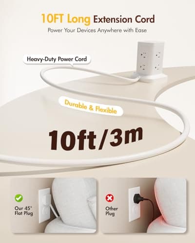 Power Strip Tower with Surge Protector 1800J, Fast Charging Tower PD20W USB-C Ports with 8 AC Outlets, 10ft Extension Cord for Home Office Dorm Room, White - Thumbnail 2