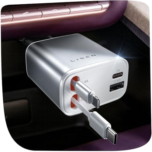 LISEN Retractable Car Charger for iPhone, for iPhone 17 Pro Max 16 15 14 13 12 Plus Mini, Cute 4 in 1 Retractable USB C Car Charger Fast Chareg for Women Men, 84W Fast Charging Car Accessorie - Image 1