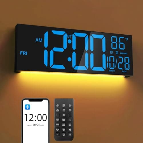Mee 2ou 16.5" Digital Wall Clock with Bluetooth Auto-Sync,Large LED Display,Smart Auto Dimming,DST,Remote Control, Night Light, Date & Temperature for Living Room