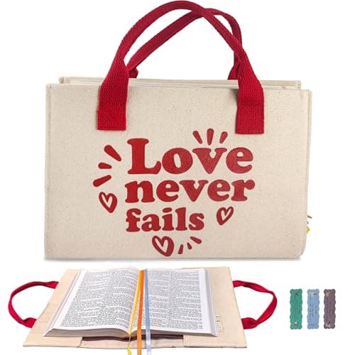 Bible Cover for Women, Zipper-Free Canvas Bible Case with Handle, Lay-Flat Design, Protective Lining, Exterior Pockets & Ribbon Bookmarks, Christian Gift for Women (2 Sizes) (Natural-Love, Large)