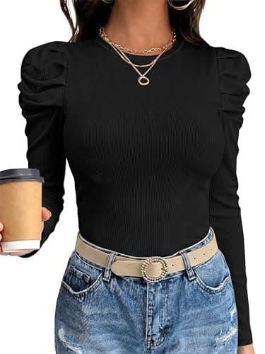 ANRABESS Womens Puff Long Sleeve Shirts, Comfy Stretchy Ribbed Knit Fitted Tops, Trendy Fall Winter Tee for Work & Casual Black Small - Image 1