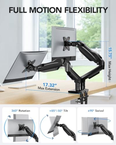 HUANUO FlowLift™ Dual Monitor Stand, Fully Adjustable Gaming Monitor Desk Mount for 13–32″ Computer Screens, Full Motion VESA 75x75/100x100 with C-Clamp & Grommet Base, Each Arm Holds 4.4 to 19.8 lbs - Thumbnail 3