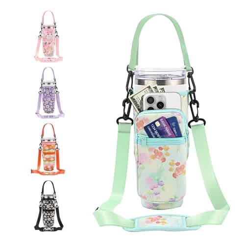 DLOCCOLD Water Bottle Carrier Bag with Phone Pocket for 40 oz Tumbler, Water Bottle Holder with Adjustable Shoulder & Handheld Strap, Carrier Sling Bag for Water Bottle Walking Camping Travelling