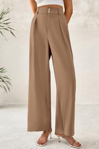 CFLONGE Women Wide Leg Dress Pants High Waist Work Trousers Button Pleated Slacks Palazzo Pants Business Casual Outfits(Khaki,XX-Large) - Thumbnail 5