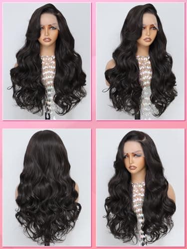 Barbique Synthetic Lace Front Wig for Women, Natural Black Synthetic Wig 13x6 Hd Lace Front 26 Inch Long Wavy Heat Resistant Fiber Deep Parting with Baby Hair Natural Hairline - Thumbnail 6